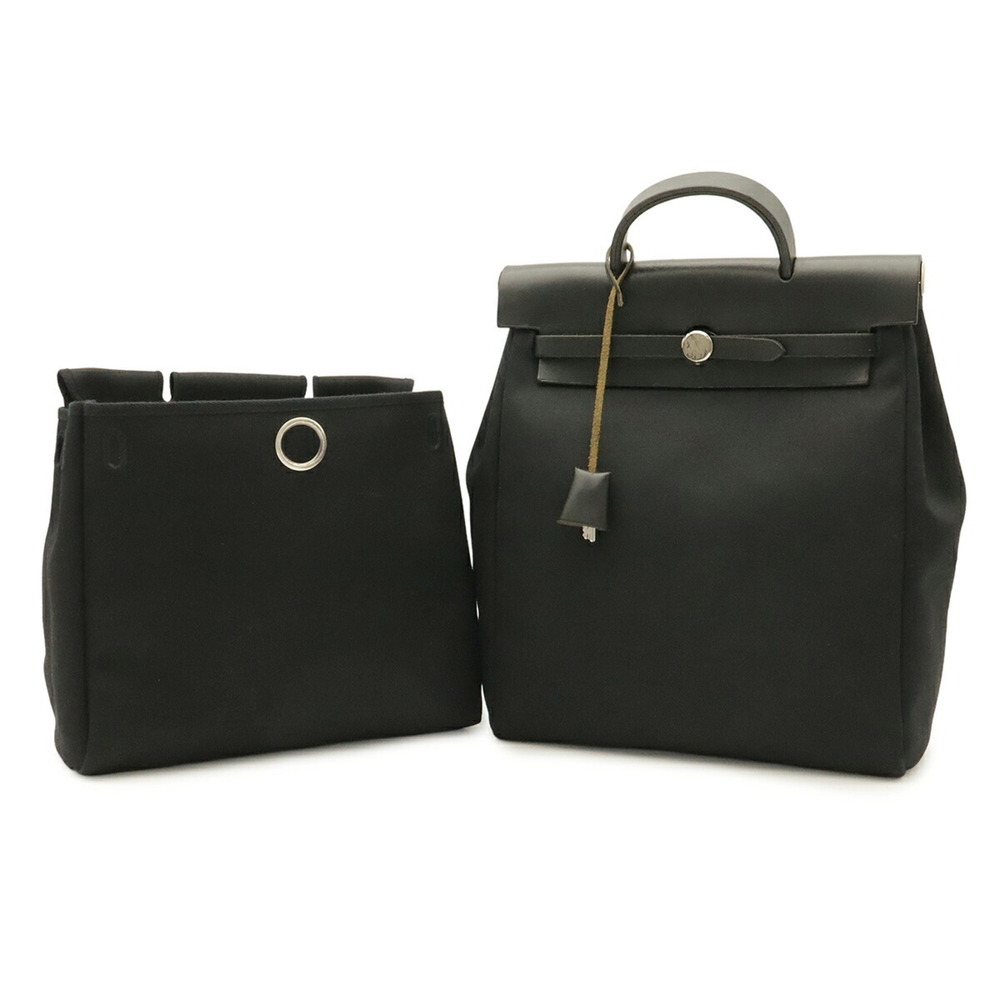 HERMES Herbag Ad PM Backpack/Handbag, Toile Officier Leather, Black, EEG Stamp